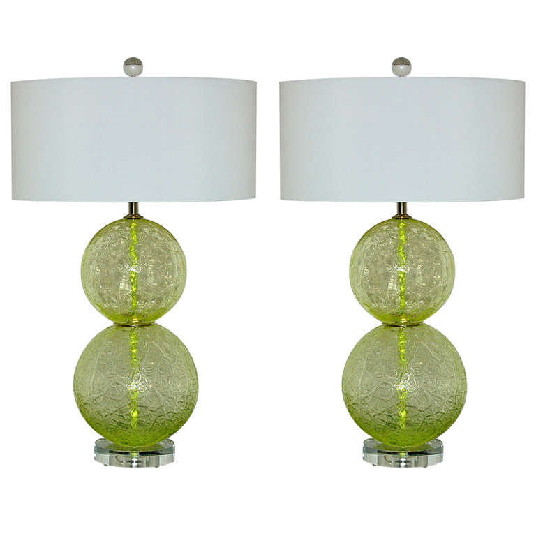 Pair of Vintage Murano Ball Lamps in Lime Frost