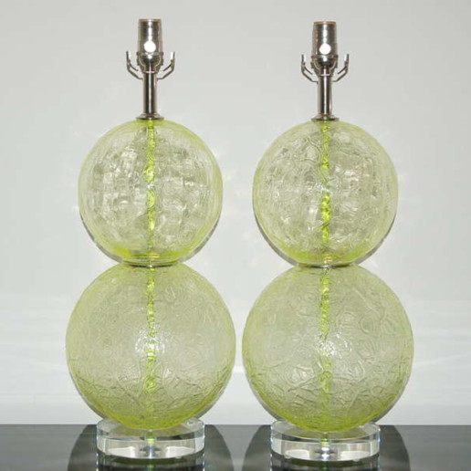 Pair of Vintage Murano Ball Lamps in Lime Frost