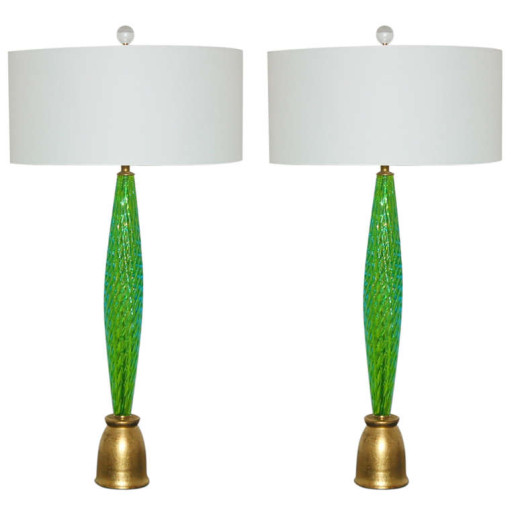  Pair of Slender and Sexy Vintage Murano Table Lamps in Grass 