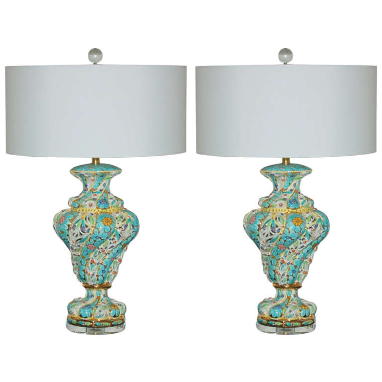 Matched pair of vintage Capodimonte table lamps, each signed, as shown. 