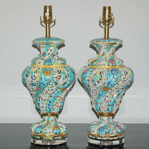 Pair of Vintage Italian Capodimonte Pierced Table Lamps