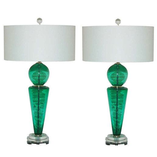  Pair of Vintage Murano Lamps of Jade Green 