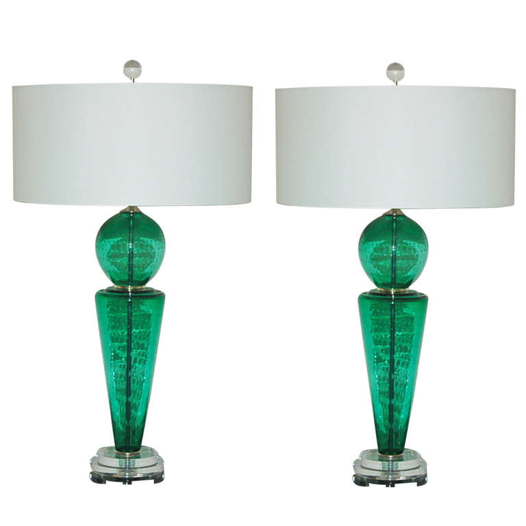Pair of Vintage Murano Lamps of Jade Green