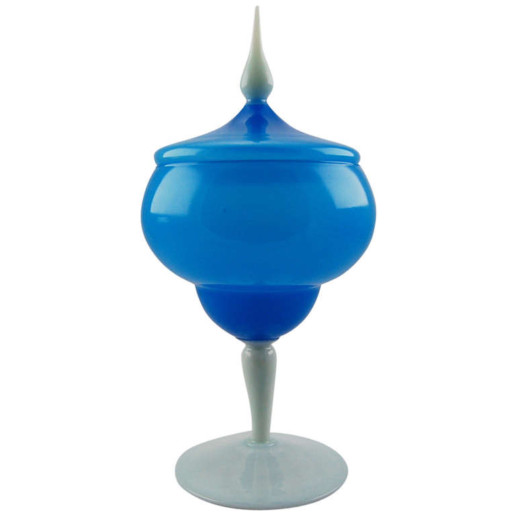  Vintage Murano Lidded Compote in Blue Opaline 