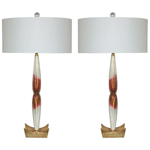 Vintage Pair of Cranberry and Cream Murano Teardrop Lamps on Gold