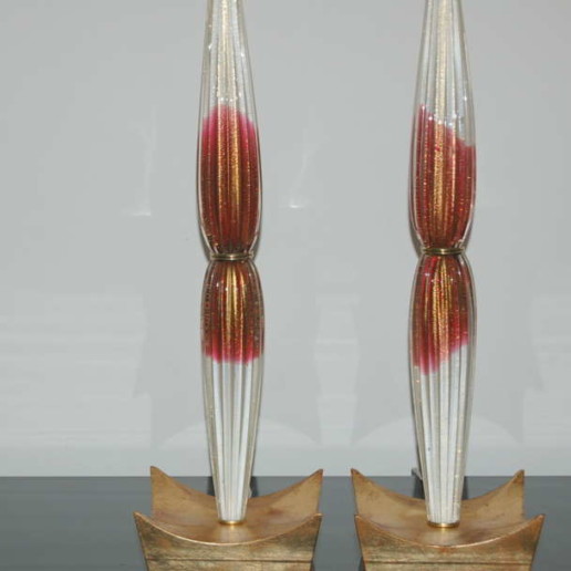 Vintage Pair of Cranberry and Cream Murano Teardrop Lamps on Gold