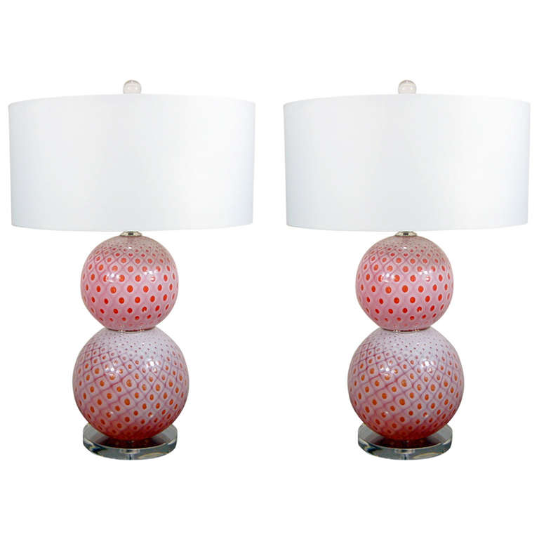 Pair of Vintage Stacked Ball Murano Lamps of Cherry Pink