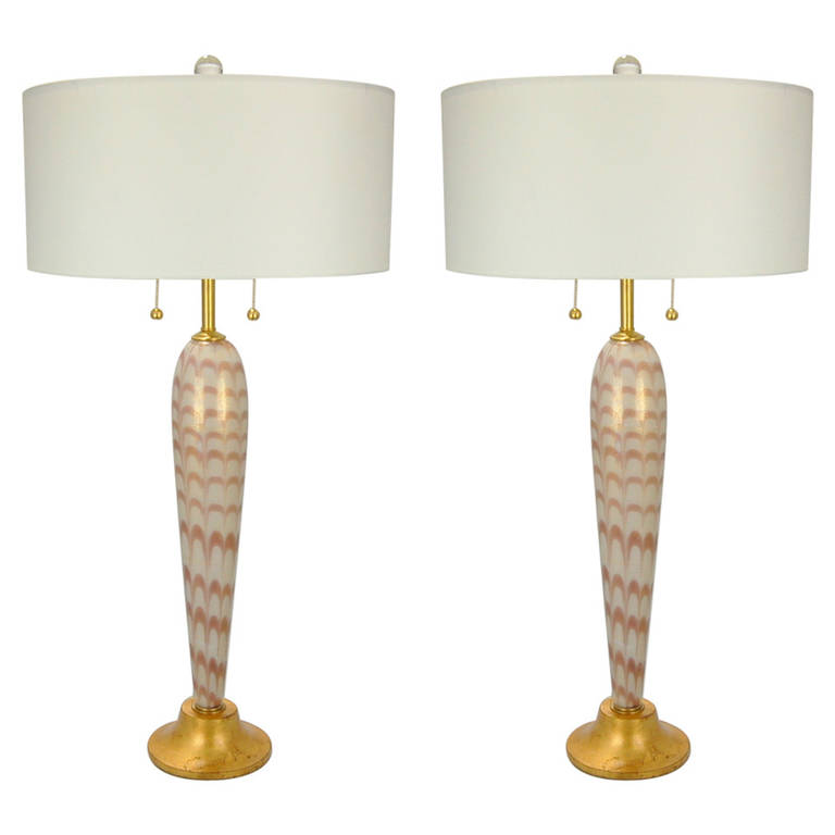Pair of Vintage Murano Pulled Feather Table Lamps of Lilac and Cream