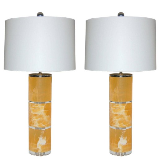Pair of Tangerine Calcite Column Table Lamps
