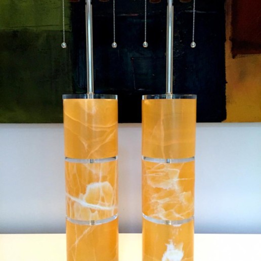 Pair of Tangerine Calcite Column Table Lamps
