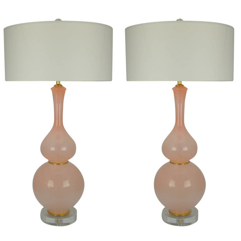 Pair of Curvaceous Opaline Murano Lamps in Pale Pink