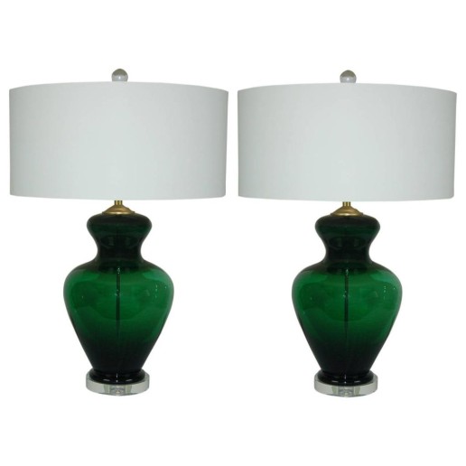 Matched Pair of Vintage Murano Lamps, Extra Chunky, in Emerald Green