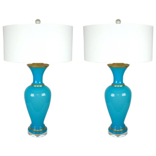 Magical Pair of Vintage Murano Blue Opaline Lamps