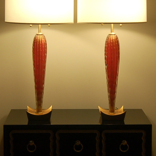 Vintage Murano Lamps in Cranberry on Gold Leaf
