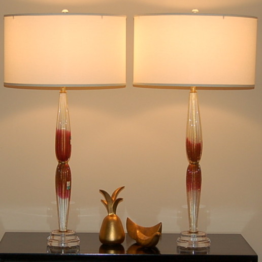Barovier & Toso - Cranberry and Cream Murano Bedside Lamps