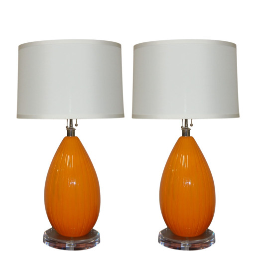 Big Orange Murano Lamps on Lucite with Polished Nickel  