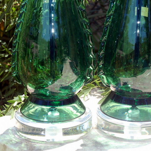 Deep Green Vintage Murano Lamps with Rigaree Fins on Lucite