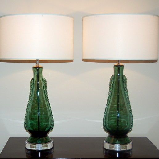 Deep Green Vintage Murano Lamps with Rigaree Fins on Lucite