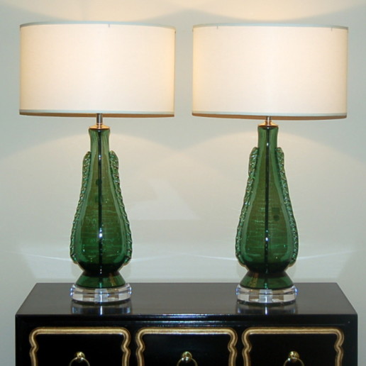 Deep Green Vintage Murano Lamps with Rigaree Fins on Lucite