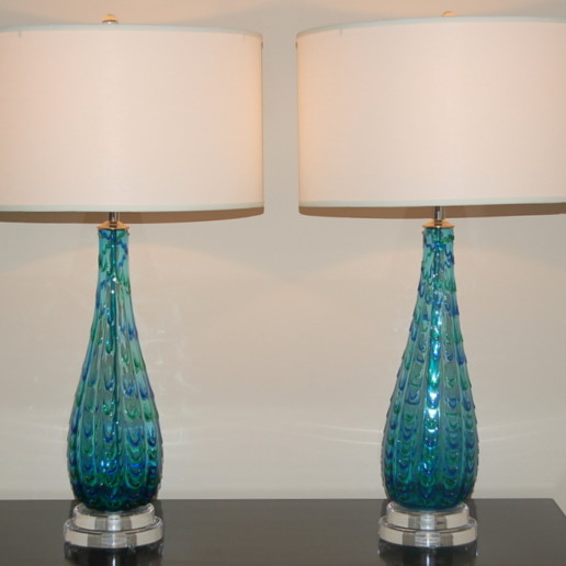 Blue Vintage Murano Lamps With Green Applied Drips