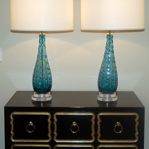 Blue Vintage Murano Lamps With Green Applied Drips