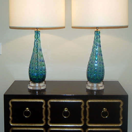 Blue Vintage Murano Lamps With Green Applied Drips