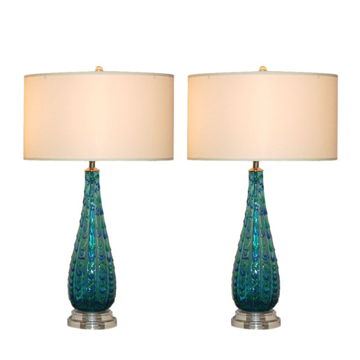 Blue Vintage Murano Lamps With Green Applied Drips 