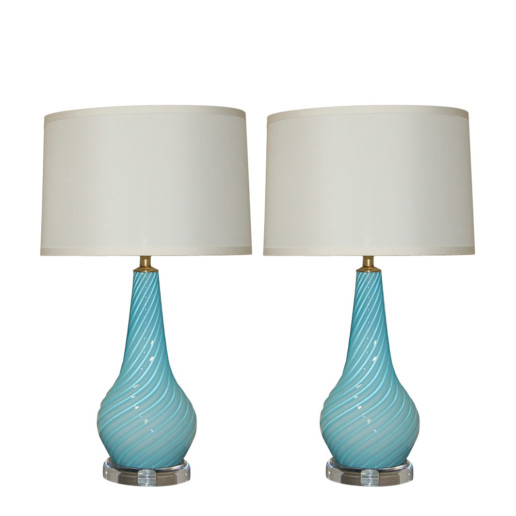 Swirled & Ribbed Baby Blue Murano Lamps on Lucite 