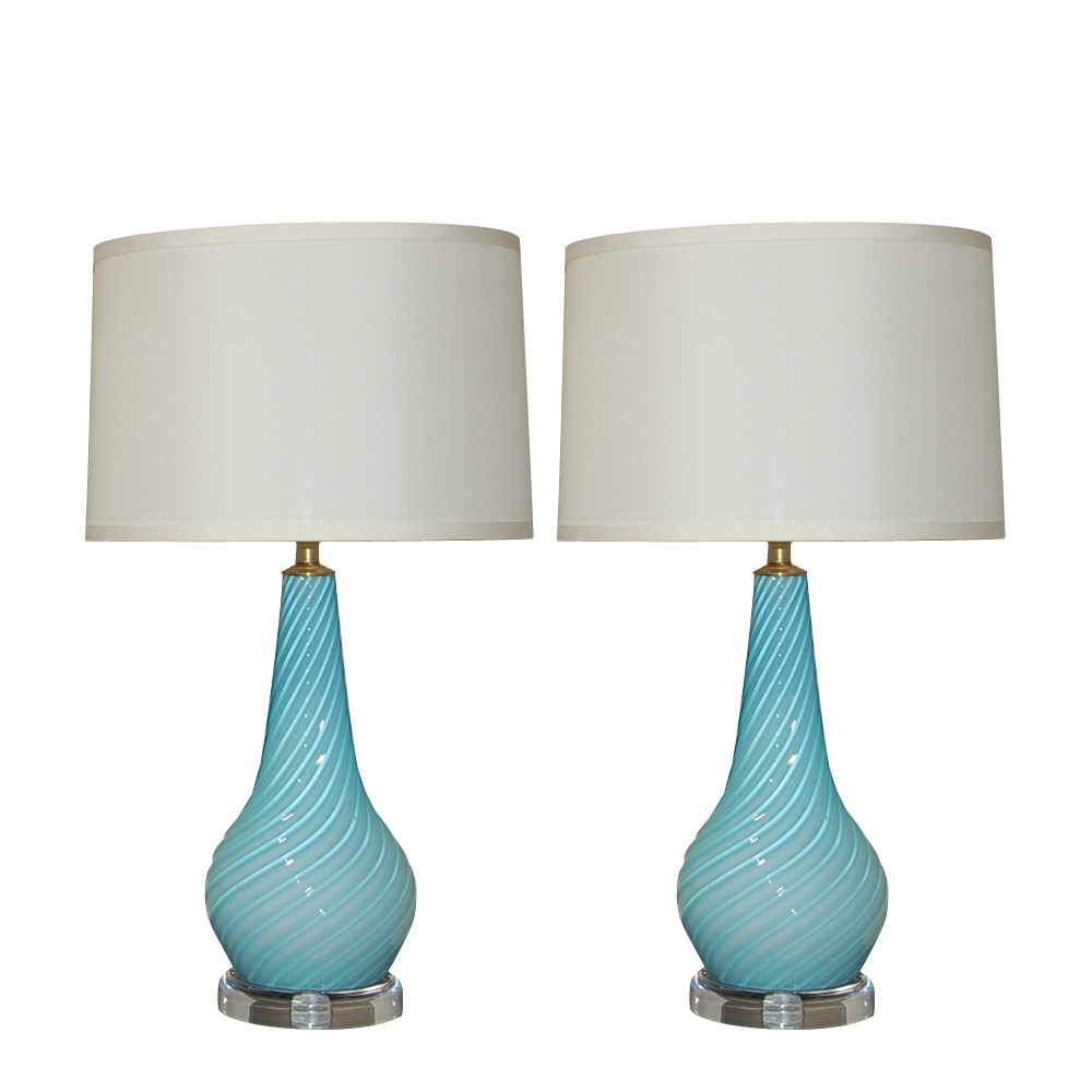 Swirled & Ribbed Baby Blue Murano Lamps on Lucite