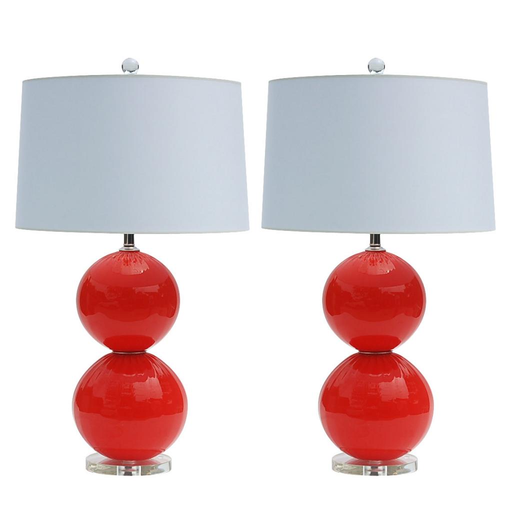 Hand Blown Pair of Two Ball Lamps by Joe Cariati in Vermillion