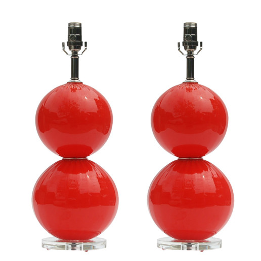 Hand Blown Pair of Two Ball Lamps by Joe Cariati in Vermillion