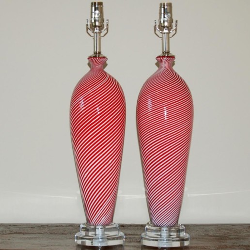 Pair of Pin-Striped Vintage Murano Lamps in Red