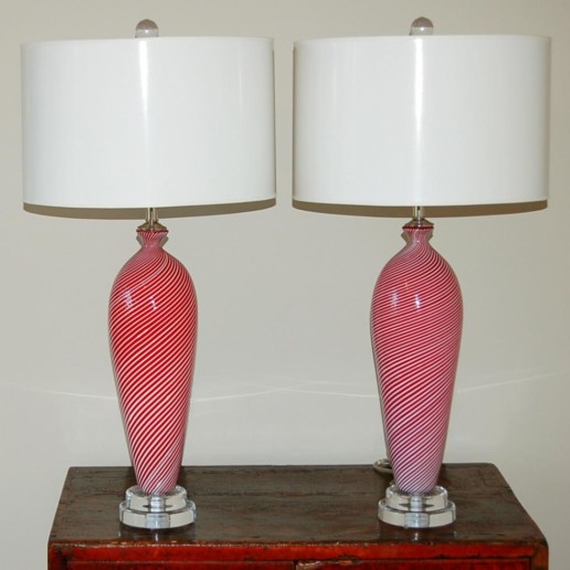 Pair of Pin-Striped Vintage Murano Lamps in Red