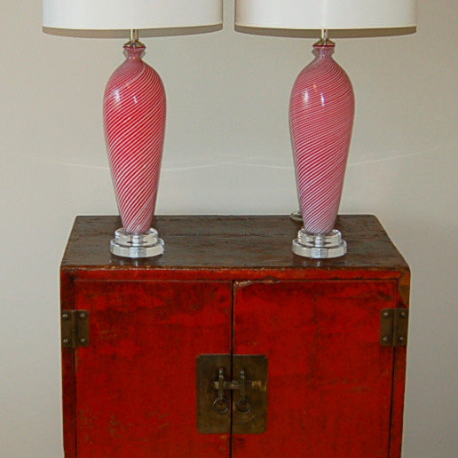 Pair of Pin-Striped Vintage Murano Lamps in Red