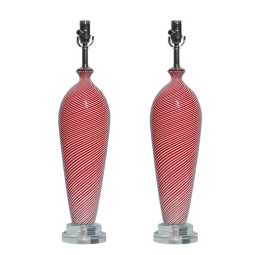 Pair of Pin-Striped Vintage Murano Lamps in Red