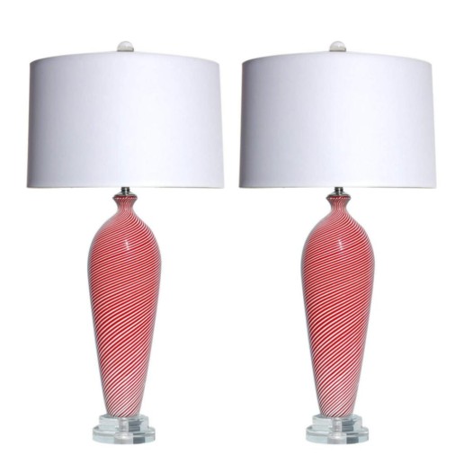 Pair of Pin-Striped Vintage Murano Lamps in Red