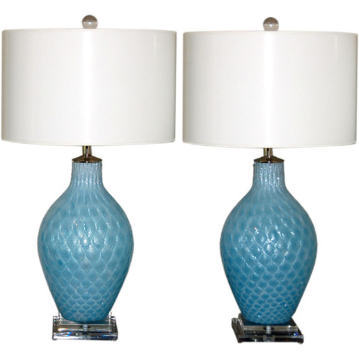 Vintage Diamond Paned Murano Lamps in Aquamarine