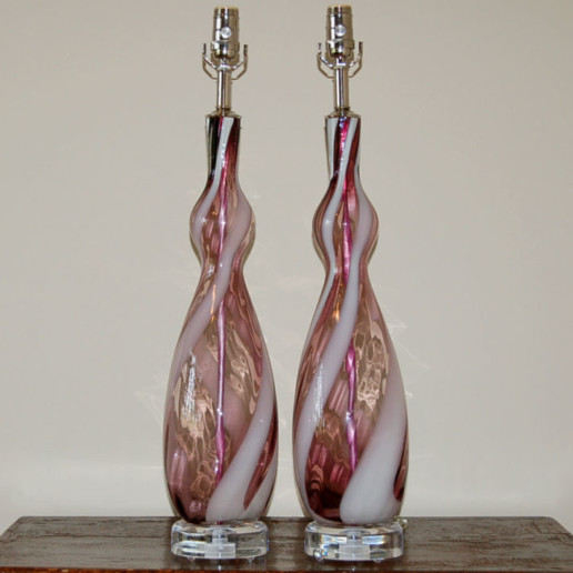 Vintage Murano Lamps in Grape with White Swirl Ribbons