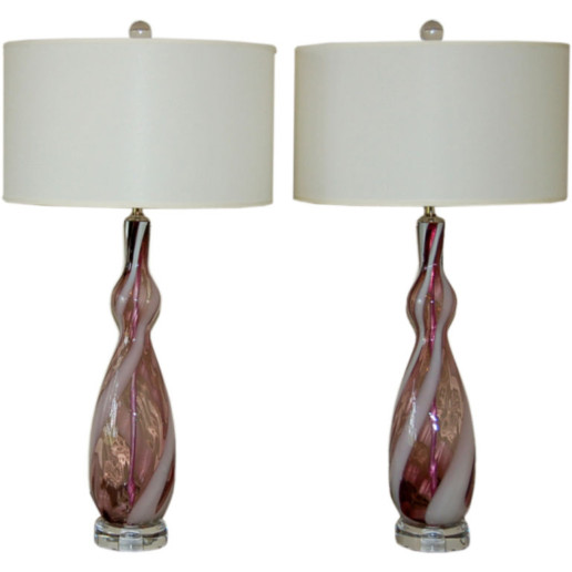 Vintage Murano Lamps in Grape with White Swirl Ribbons