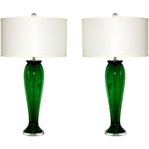 Vintage Murano Table Lamps in Green with Controlled Bubbles