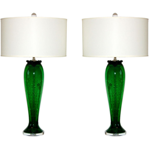 Vintage Murano Table Lamps in Green with Controlled Bubbles