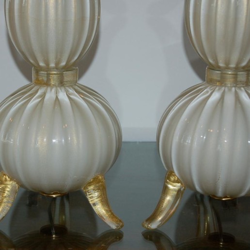 Classic Three Footed Vintage Murano Lamps in Creamy White and Gold