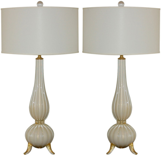 Classic Three Footed Vintage Murano Lamps in Creamy White and Gold
