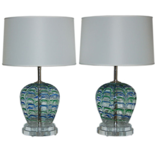 AVEM - Vintage Murano Lamps with Blue & Green Applied Drips 