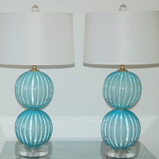 Stacked Two Ball Murano Lamps in Dreamy Blue with Gold Dust