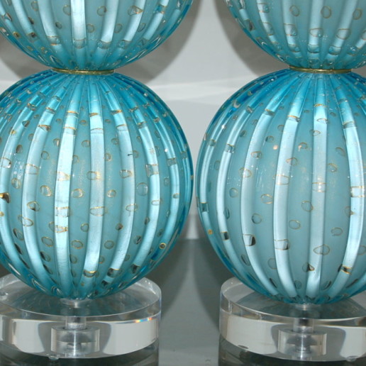 Stacked Two Ball Murano Lamps in Dreamy Blue with Gold Dust