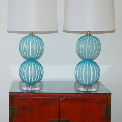 Stacked Two Ball Murano Lamps in Dreamy Blue with Gold Dust