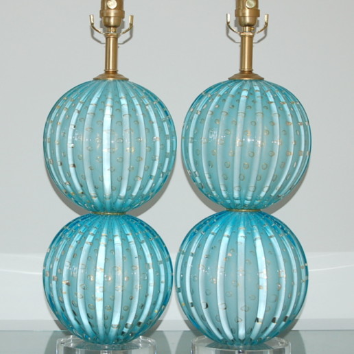 Stacked Two Ball Murano Lamps in Dreamy Blue with Gold Dust