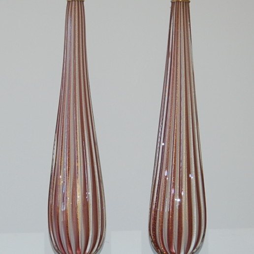 Vintage Murano Elegant Pair of Striped Lamps in Plum and Cream