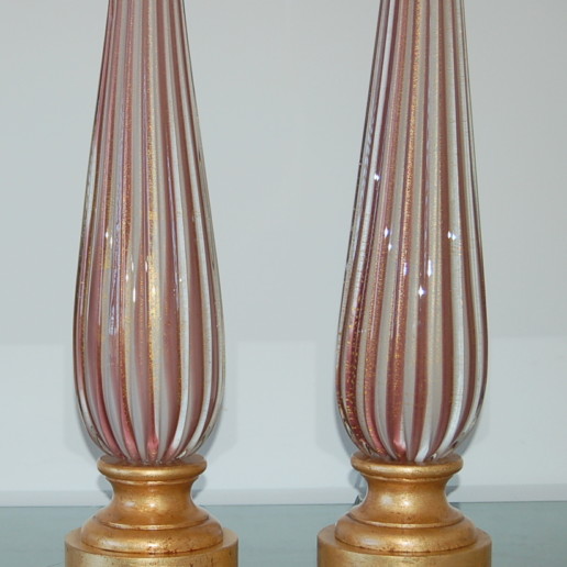 Vintage Murano Elegant Pair of Striped Lamps in Plum and Cream